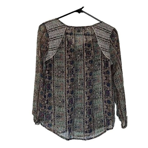 American Eagle Bohochic Sheer Green/Pink/Blue/Metallic Gold Tassels Blouse SZ S - Picture 2 of 6